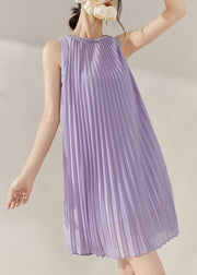Boho Purple O-Neck Wrinkled Chiffon Mid Dress Summer