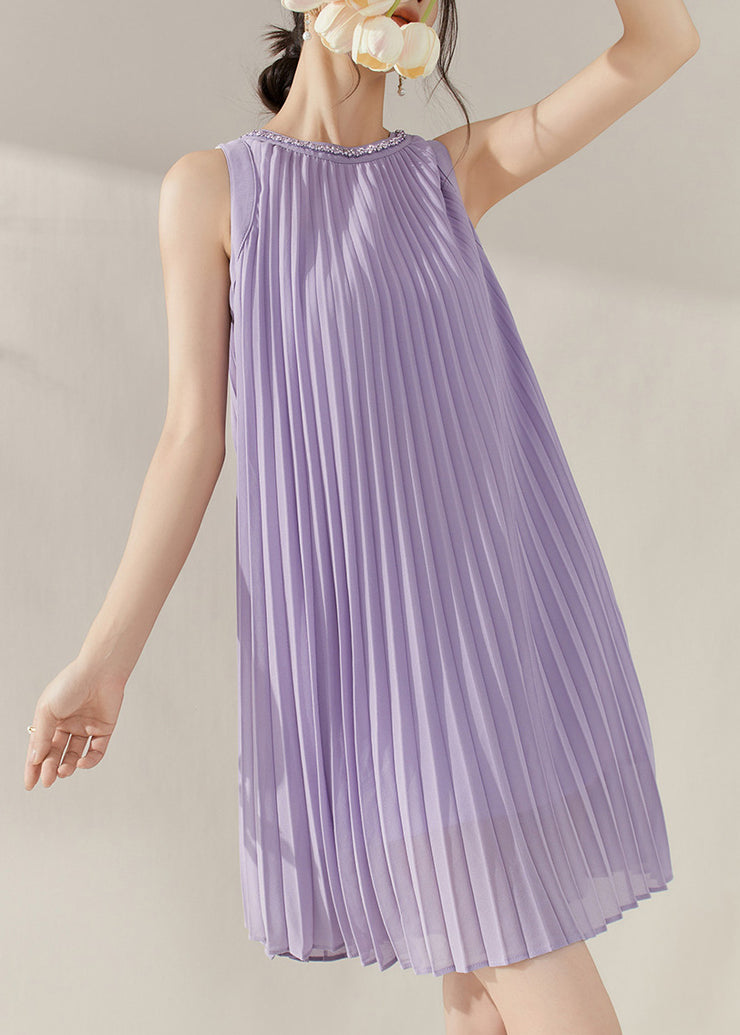 Boho Purple O-Neck Wrinkled Chiffon Mid Dress Summer