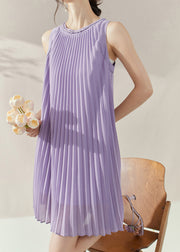 Boho Purple O-Neck Wrinkled Chiffon Mid Dress Summer