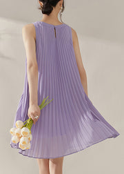 Boho Purple O-Neck Wrinkled Chiffon Mid Dress Summer