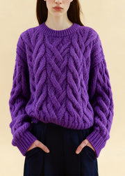 Boho Purple Oversized Cozy Cable Knit Sweaters Winter