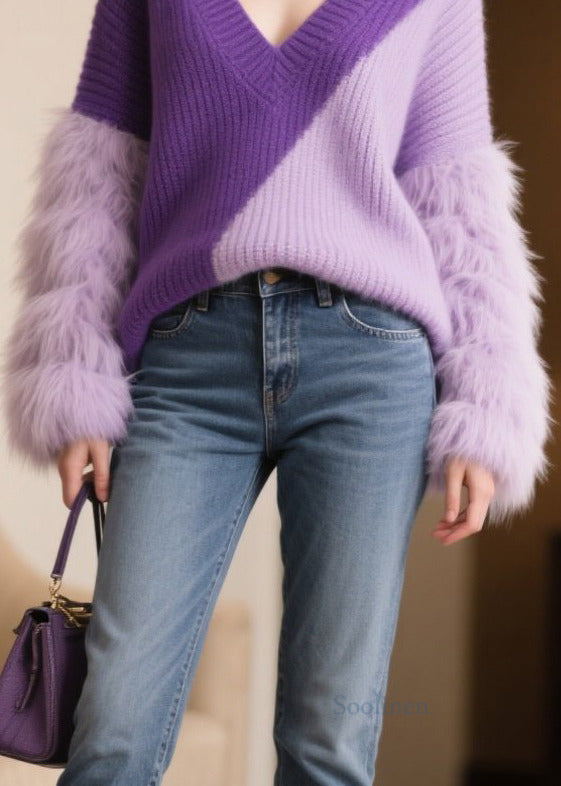 Boho Purple Oversized Patchwork Faux Fur Sweaters Winter