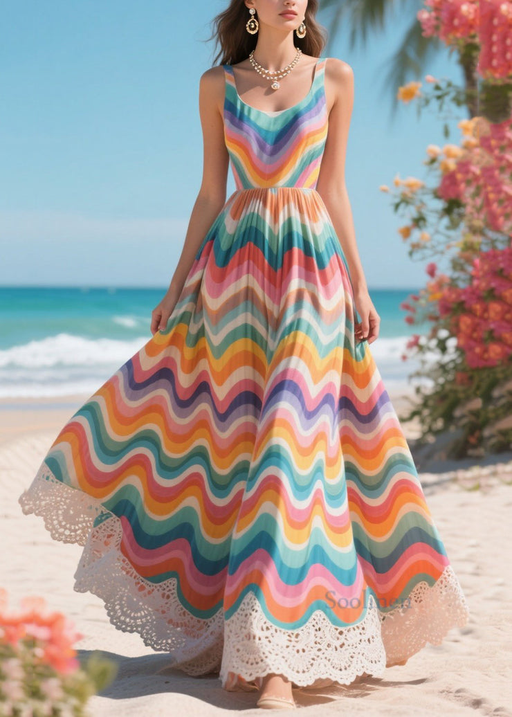 Boho Rainbow Lace Patchwork Exra Large Hem Chiffon Sundress Summer