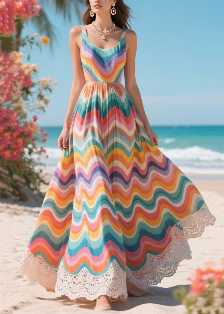 Boho Rainbow Lace Patchwork Exra Large Hem Chiffon Sundress Summer