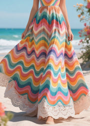 Boho Rainbow Lace Patchwork Exra Large Hem Chiffon Sundress Summer
