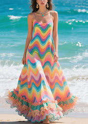 Boho Rainbow Ruffled Striped Chiffon Holiday Dress Summer