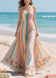 Boho Rainbow Striped Patchwork Exra Large Hem Chiffon Holiday Dresses Summer