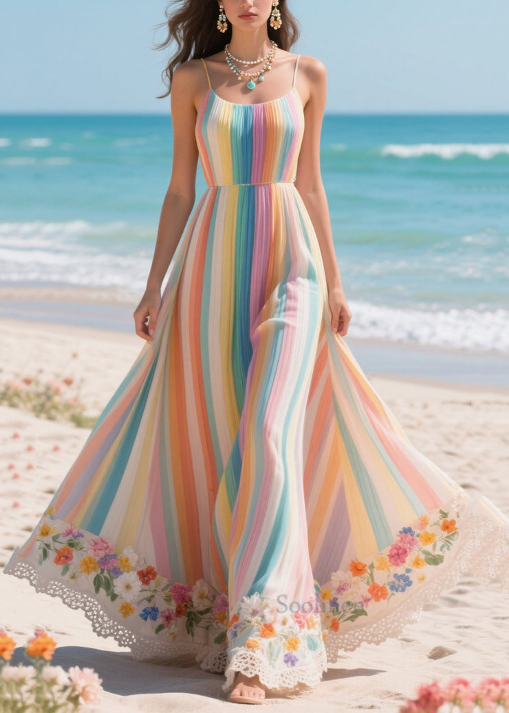 Boho Rainbow Striped Patchwork Exra Large Hem Chiffon Holiday Dresses Summer