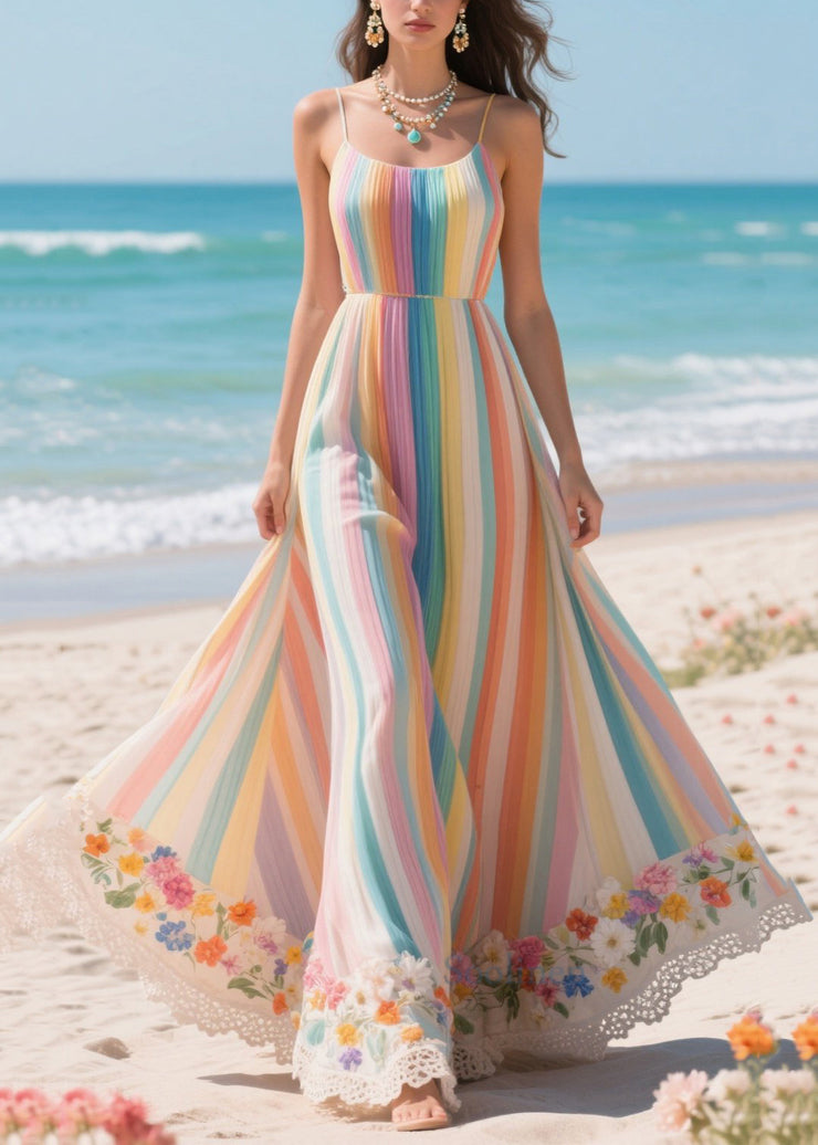 Boho Rainbow Striped Patchwork Exra Large Hem Chiffon Holiday Dresses Summer