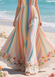 Boho Rainbow Striped Patchwork Exra Large Hem Chiffon Holiday Dresses Summer