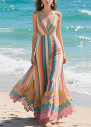 Boho Rainbow Striped Patchwork Lace Chiffon Spaghetti Strap Dress Summer