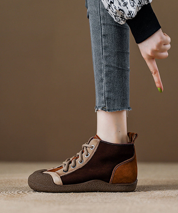 Boho Red Cowhide Leather Splicing Lace Up Boots