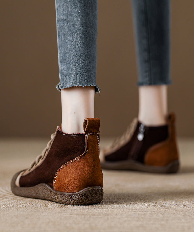 Boho Red Cowhide Leather Splicing Lace Up Boots