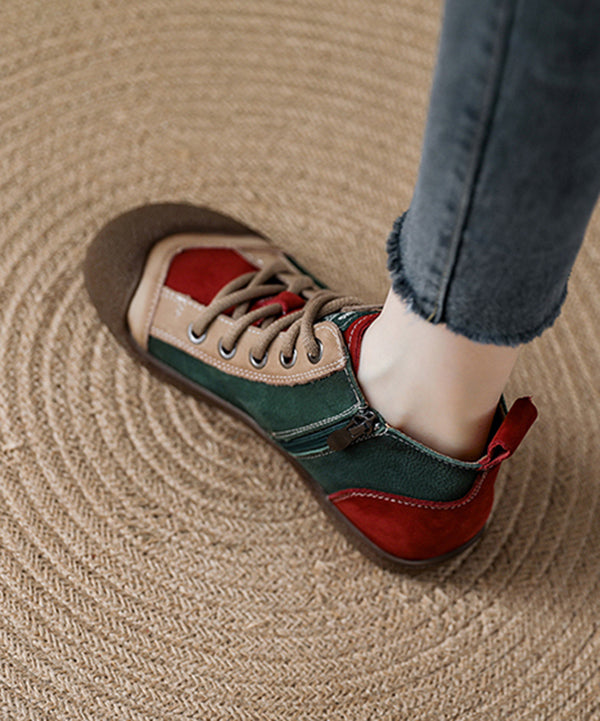 Boho Red Cowhide Leather Splicing Lace Up Boots