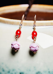 Boho Red Gem Fine Lotus Flower Stone Drop Earrings