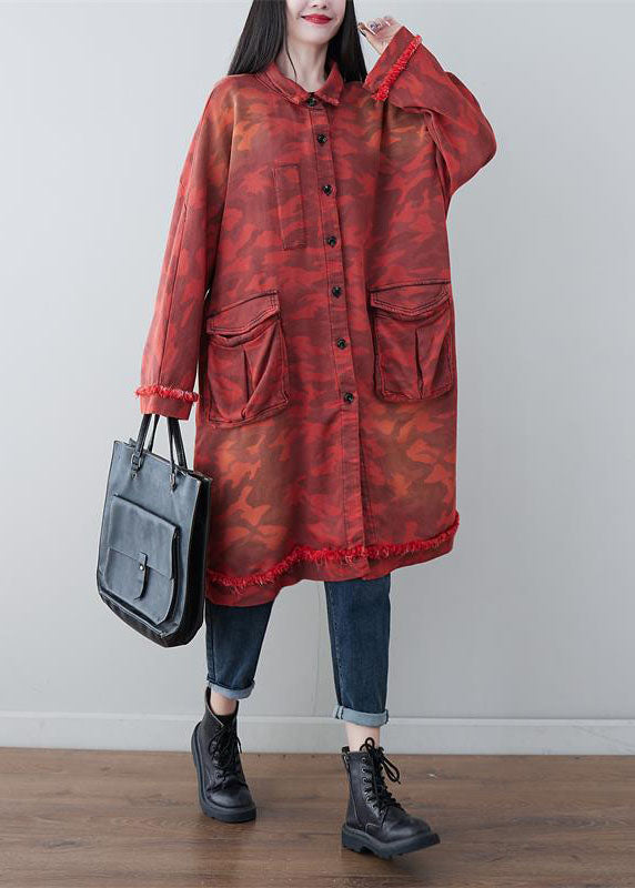 Boho Red Oversized Patchwork Pockets Cotton Trench Spring
