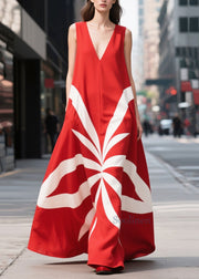 Boho Red Oversized Print Chiffon Holiday Dress Sleeveless