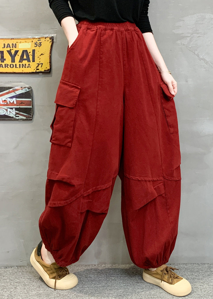 Boho Red Pockets Patchwork Cotton Lantern Pants Fall
