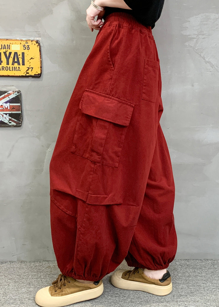 Boho Red Pockets Patchwork Cotton Lantern Pants Fall