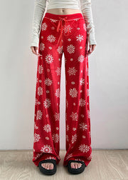 Boho Red Print Tie Waist Silk Velvet Straight Pants Fall