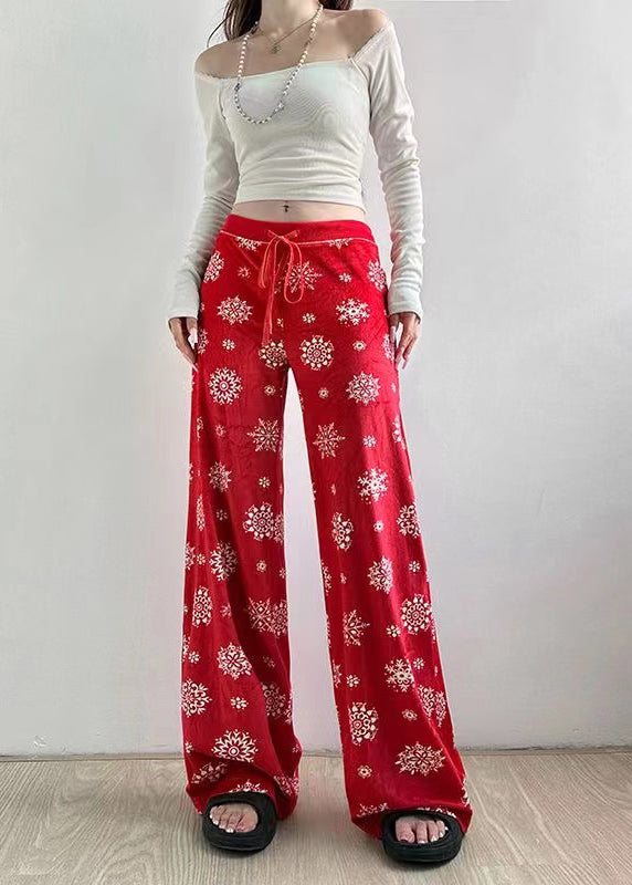 Boho Red Print Tie Waist Silk Velvet Straight Pants Fall