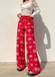 Boho Red Print Tie Waist Silk Velvet Straight Pants Fall