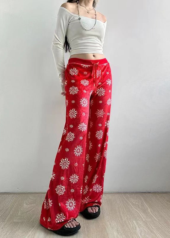 Boho Red Print Tie Waist Silk Velvet Straight Pants Fall