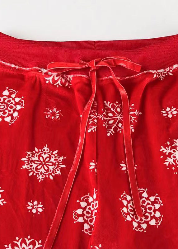 Boho Red Print Tie Waist Silk Velvet Straight Pants Fall