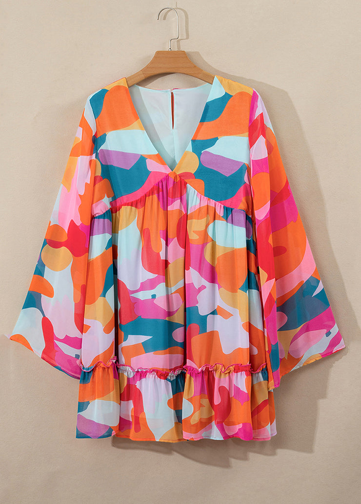 Boho Red Print Wrinkled Chiffon Mid Dresses Fall
