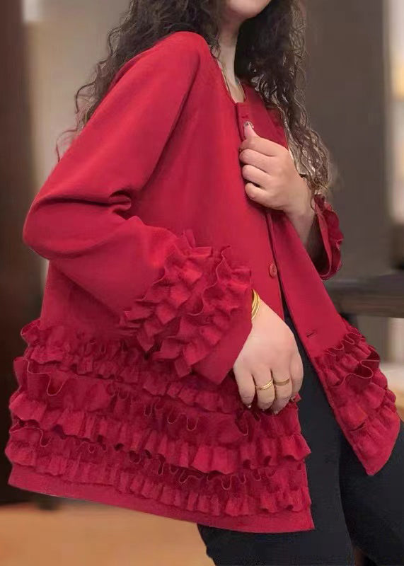 Boho Red Ruffled Oversized Cotton Coats Fall