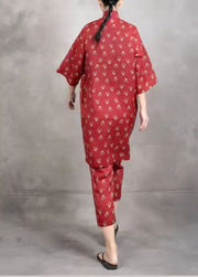 Boho Red Stand Collar Patchwork Linen Women Sets 2 Pieces Summer