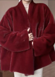 Boho Red Warm Solid Leather And Fur Coats V Neck Winter