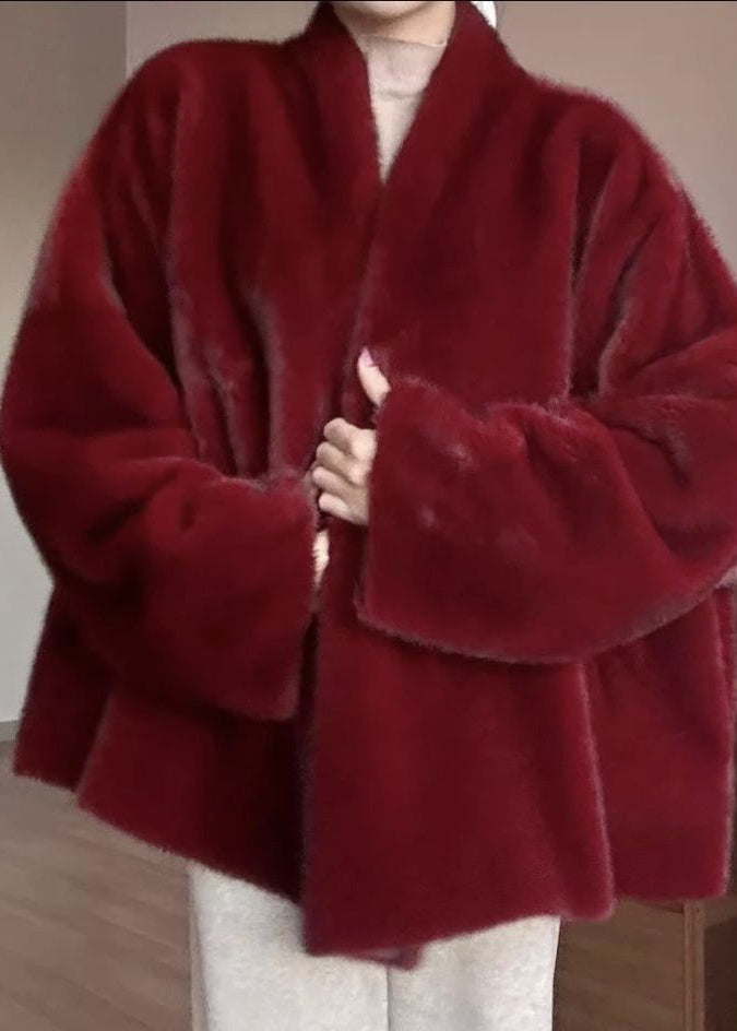 Boho Red Warm Solid Leather And Fur Coats V Neck Winter