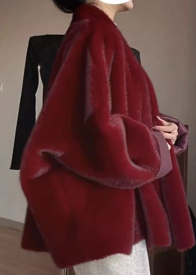 Boho Red Warm Solid Leather And Fur Coats V Neck Winter