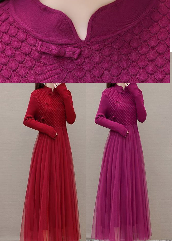 Boho Rose Chinese Button Patchwork Silm Fit Knit Dress Spring