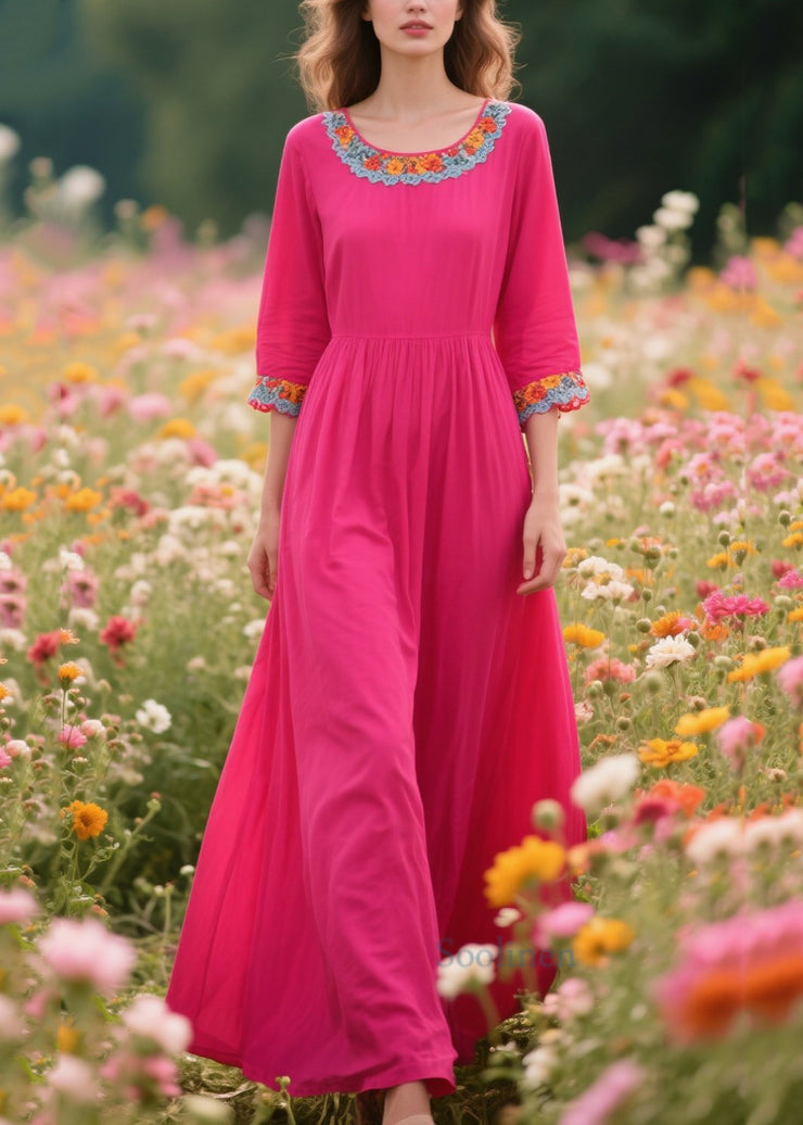 Boho Rose O-Neck Patchwork Lace Cotton Dresses Half Sleeve
