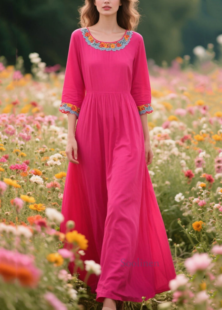Boho Rose O-Neck Patchwork Lace Cotton Dresses Half Sleeve