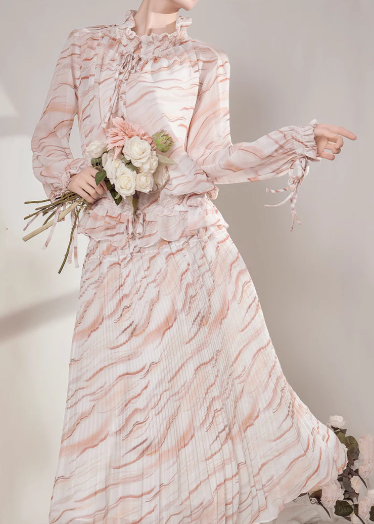 Boho Ruffled Striped Chiffon Shirts And Maxi Skirts Two-Piece Set Fall