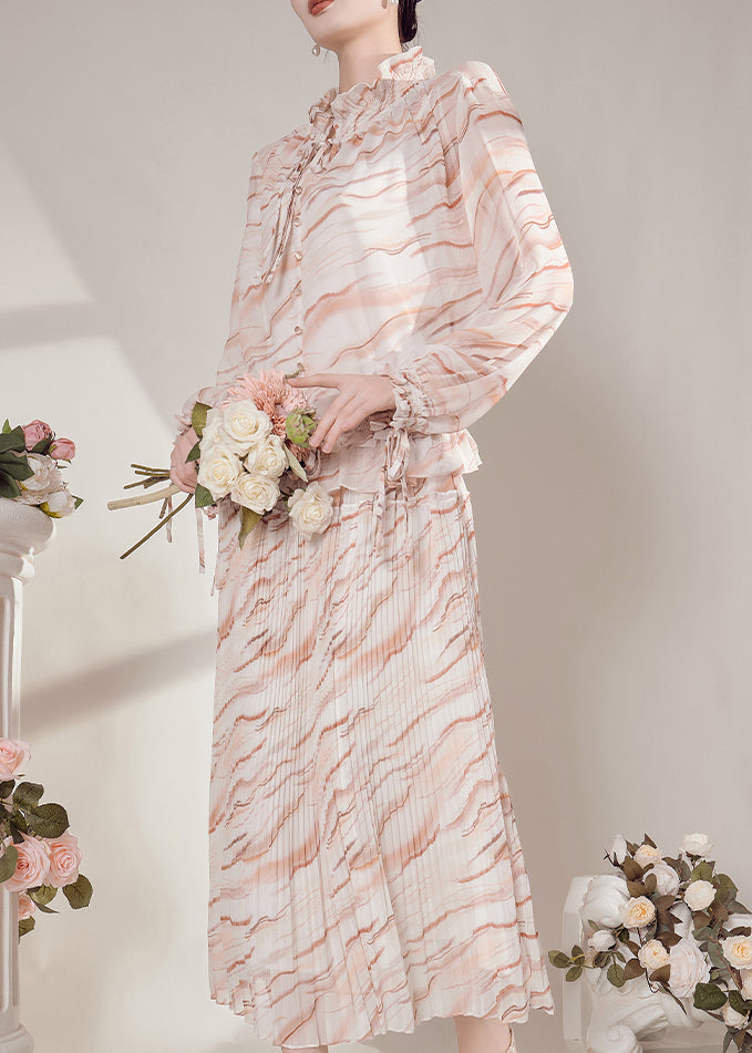 Boho Ruffled Striped Chiffon Shirts And Maxi Skirts Two-Piece Set Fall