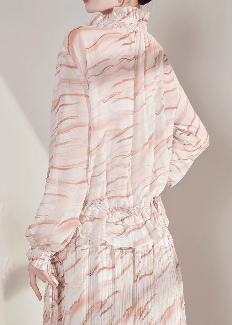 Boho Ruffled Striped Chiffon Shirts And Maxi Skirts Two-Piece Set Fall
