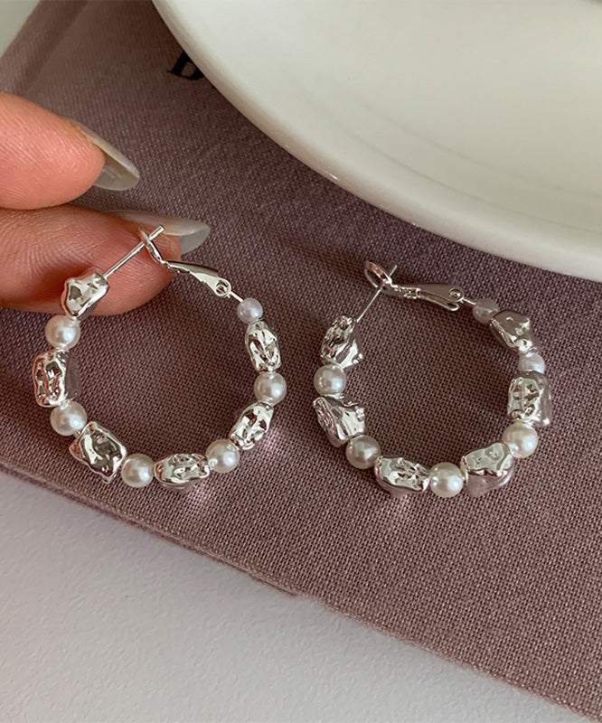 Boho Silk Sterling Silver Alloy Pearl Hoop Earrings