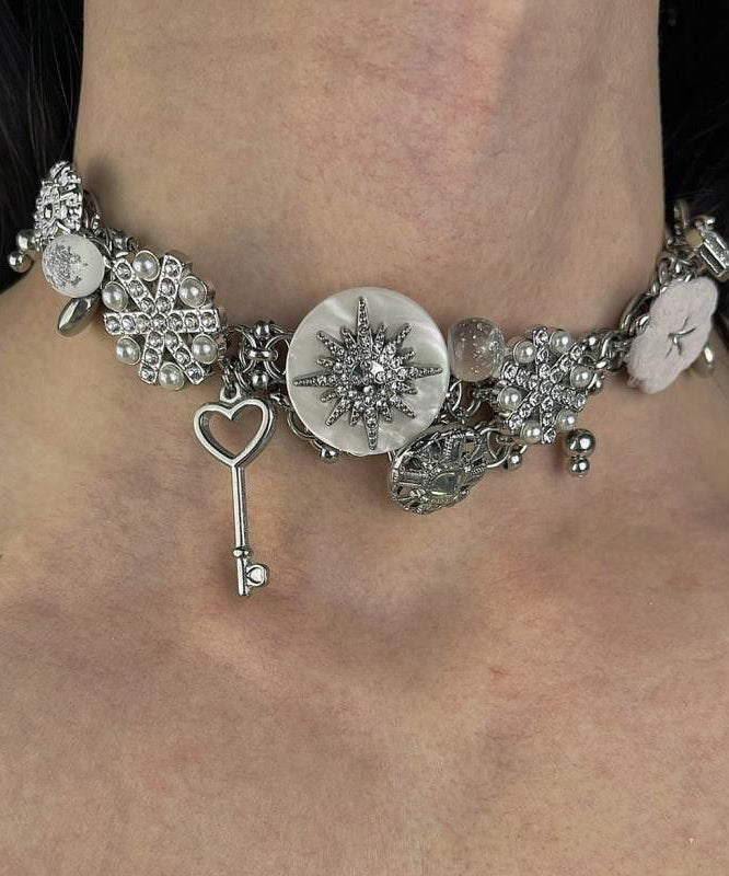 Boho Silk Sterling Silver Snowflake Button Collar Necklace
