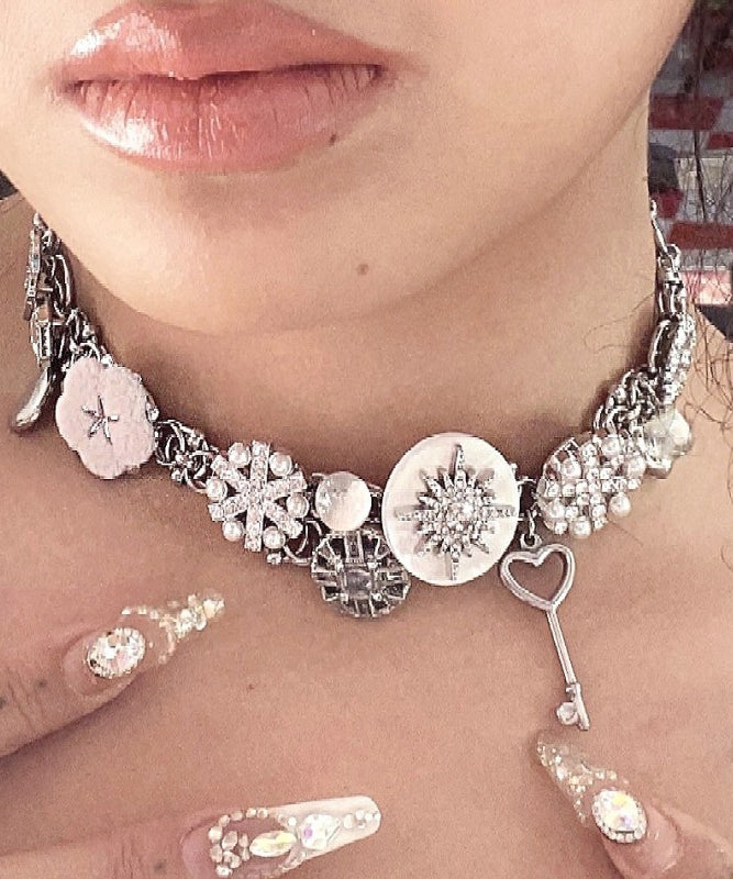 Boho Silk Sterling Silver Snowflake Button Collar Necklace