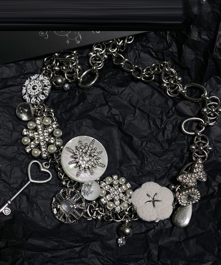 Boho Silk Sterling Silver Snowflake Button Collar Necklace