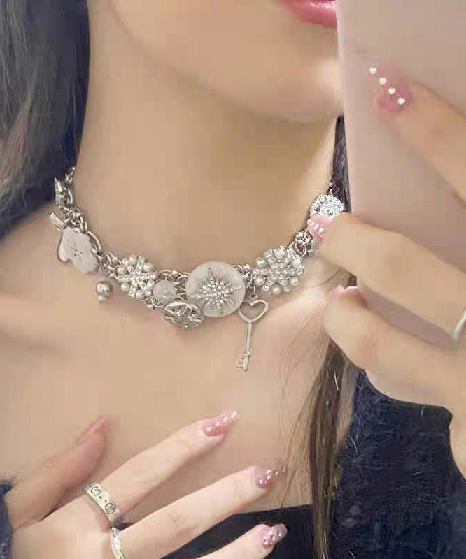 Boho Silk Sterling Silver Snowflake Button Collar Necklace
