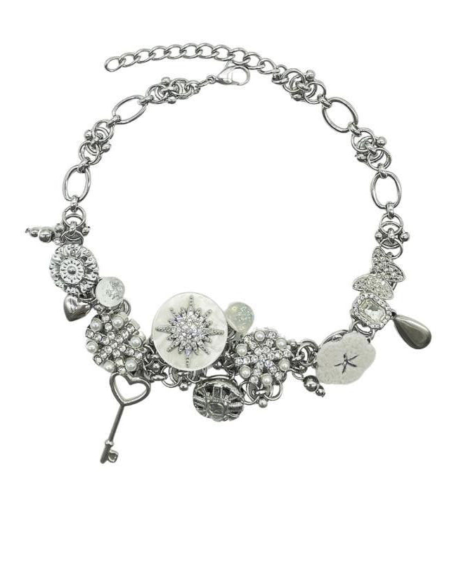 Boho Silk Sterling Silver Snowflake Button Collar Necklace