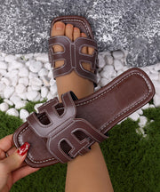 Boho Splicing Black Faux Leather Slide Sandals Peep Toe