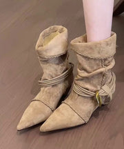 Boho Splicing Chunky Boots Apricot Suede Wrinkled Pointed Toe