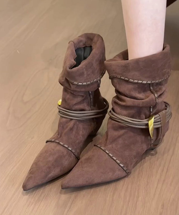 Boho Splicing Chunky Boots Apricot Suede Wrinkled Pointed Toe