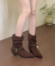Boho Splicing Chunky Boots Apricot Suede Wrinkled Pointed Toe